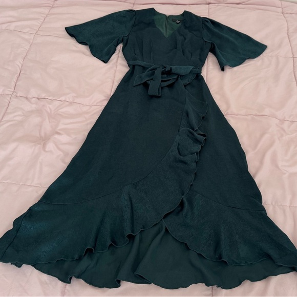 Lulus Wrapped Up in Love dark green faux wrap belted lined midi Dress, size XXS - Picture 7 of 16